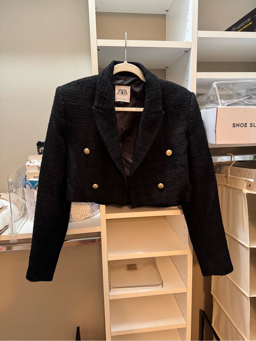 Zara Black Cropped Tweed Blazer with Gold Buttons